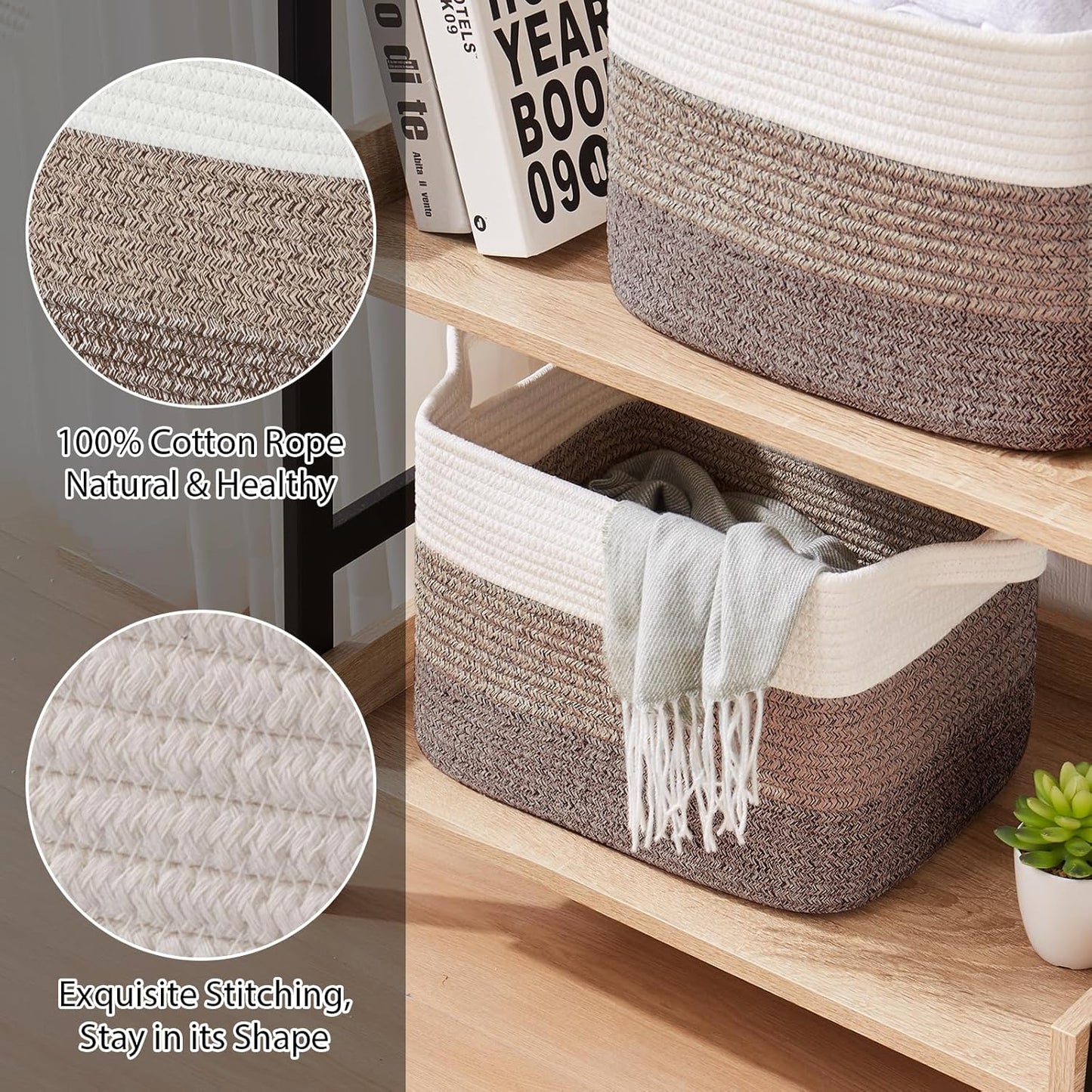 Storage Baskets for Organizing, Woven Baskets for Shelves, Rectangle Decorative Organizer for Storage Clothes, Toy, Books, Towels Nursery Bins 3 Pack (Gradient Dark Brown, 13"x9.85"x8.7")