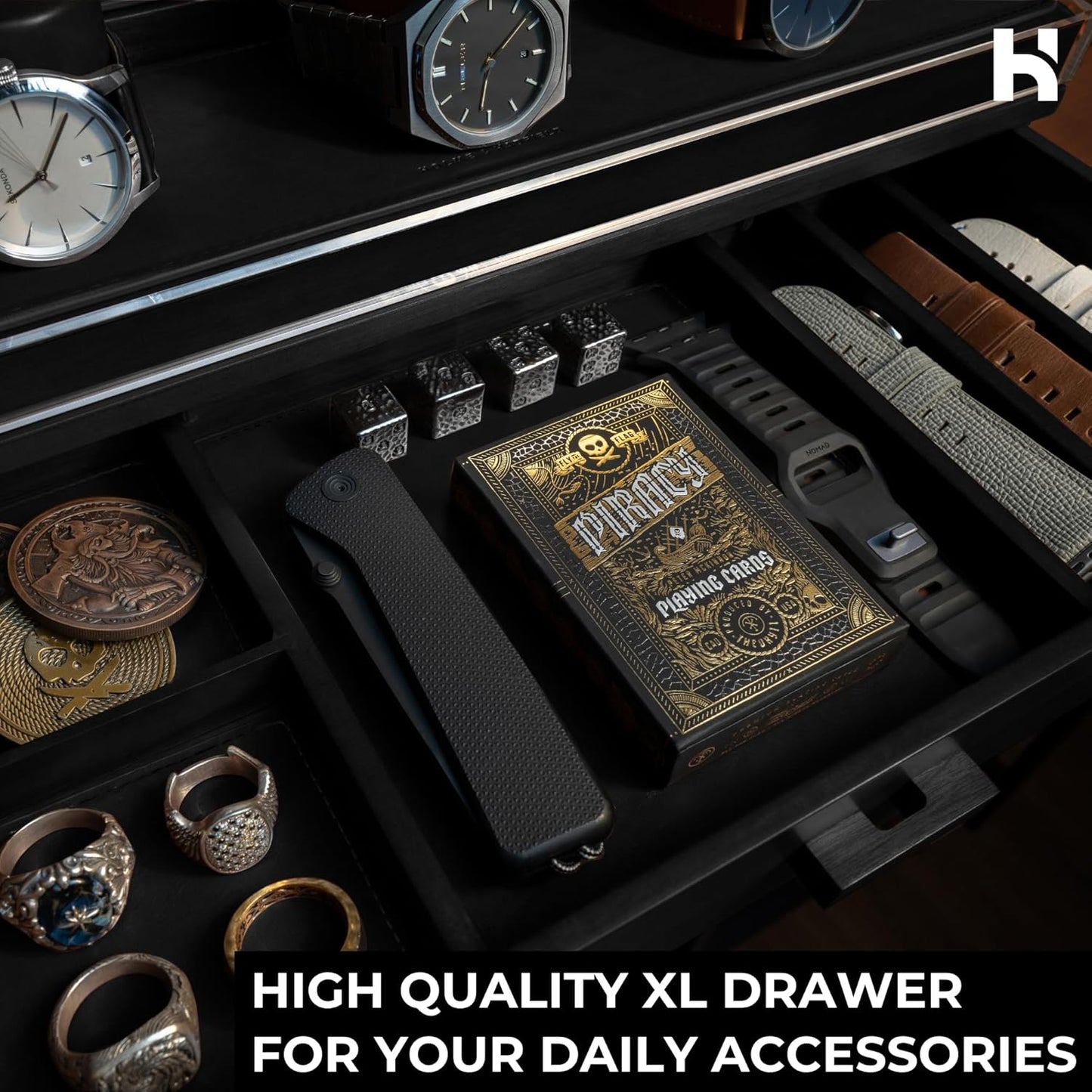Premium 7 Slot Watch Box for Men - Large Wooden Watch Display Case with Hinged Cover, Leather Lining & Drawer - Watch Holder Organizer Stand - Handcrafted Luxury Christmas Gift for Men