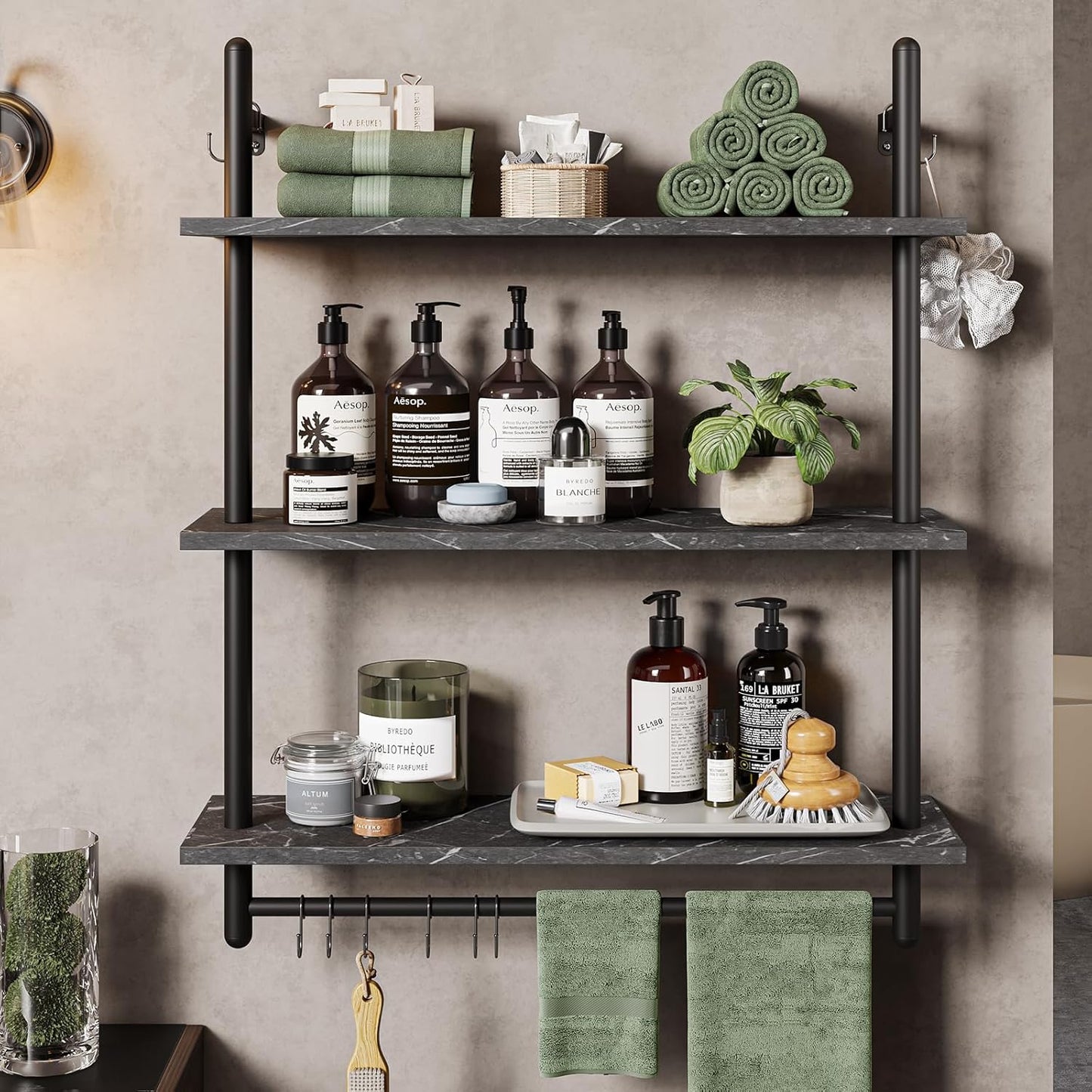 Bestier Floating Pipe Shelving, 31.5" Floating Kitchen Shelves Wall Mounted, 3 Tier Coffee Bar Shelf Ladder Bookshelf with Towel Bar Hooks for Kitchen Living Room Bathroom Bedroom, Black Marble