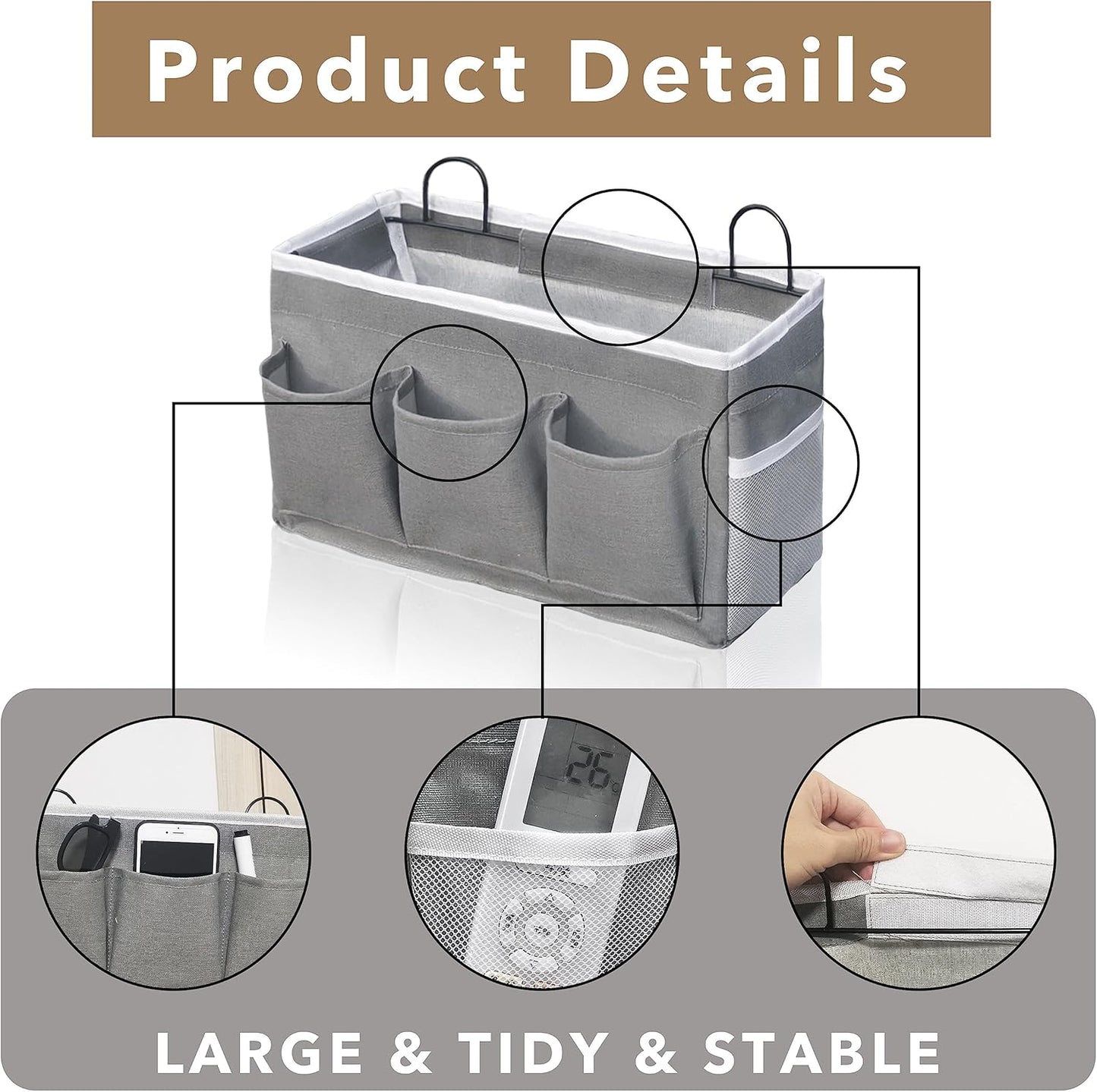 Wall Hanging Organizer Bag, 2-Pack Linen Storage Baskets with Pockets, WallHanging Storage Basket for Bedroom, Kitchen, Office, RV Camper (Gray)