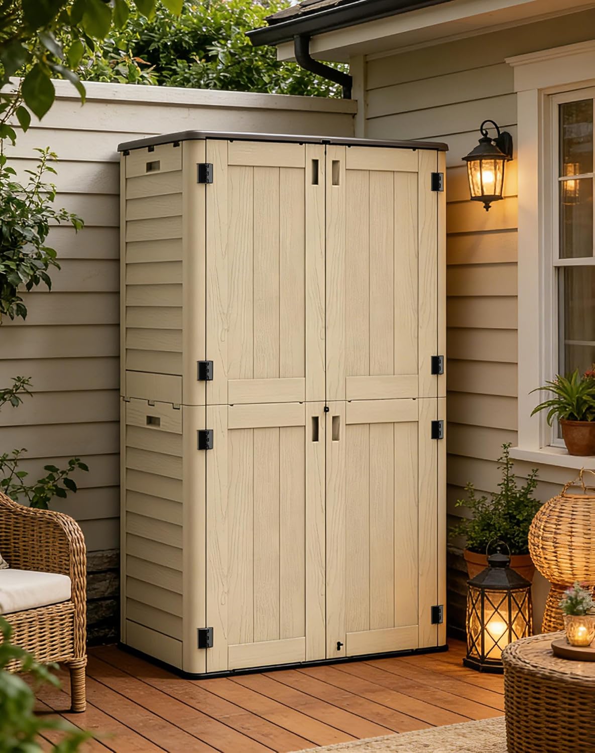 Vertical Outdoor Storage Shed, 60 Cu.Ft Resin Storage Cabinet Waterproof with Lockable Floor, All-Weather Tall Backyard Shed for Patio Furniture, Garage, Garden, Porch (Khaki)