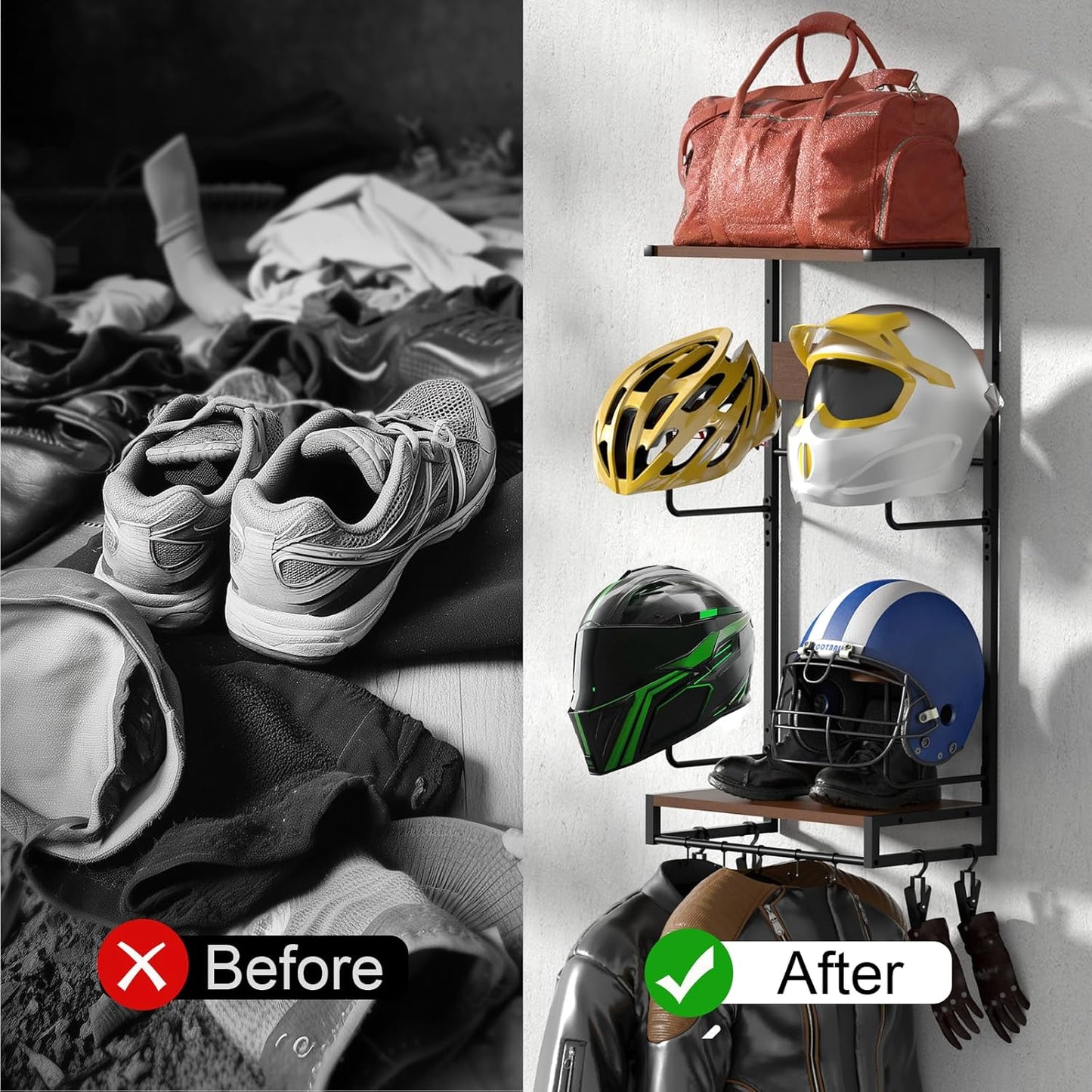EleganceX Motorcycle Helmet Storage - Helmet Rack Wall Mount with 2 Tiers Storage Boards, 4 Hat Stands, 4 Glove Clips,5 Key Hooks Motorcycle Helmet Holder for Gear Accessories, Clothes, Gloves