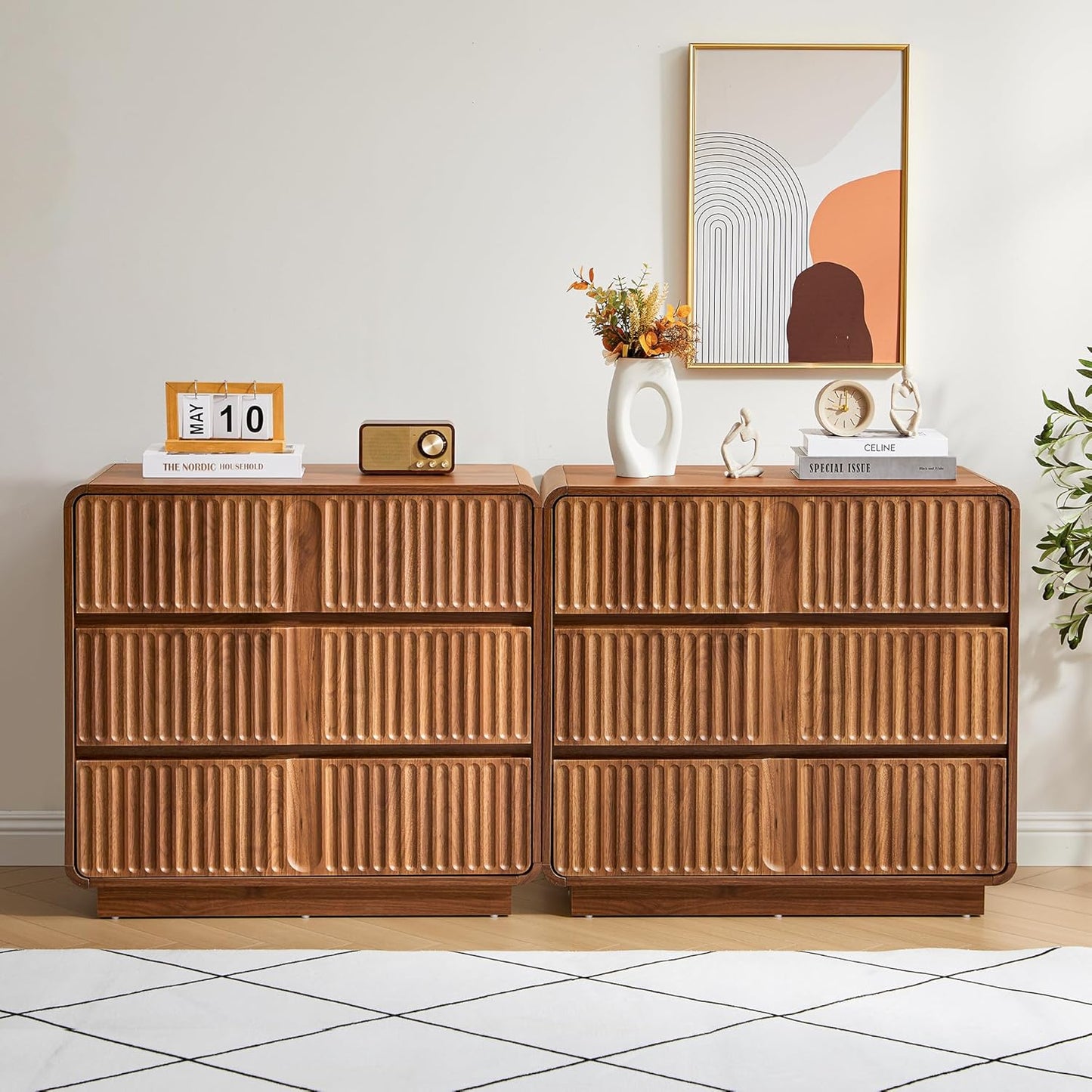 Fluted 3 Drawer Dressers for Bedroom, 31.5" Wide Large Mid Century Modern Nightstand 2 Sets W/3 Storage Drawers , Wood Dresser & Chest of Drawers with Curved Profile for Living Room (Walnut)