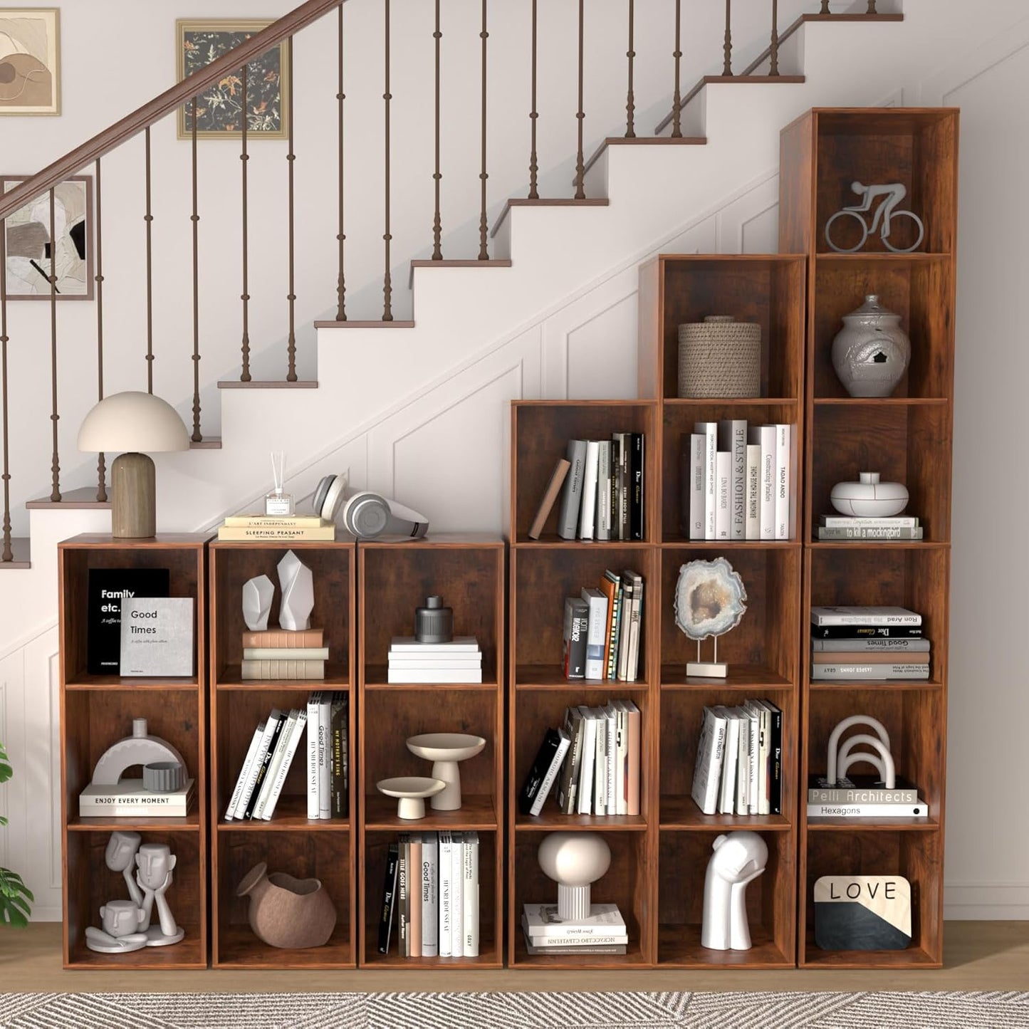 6 Cube Storage Organizer, 6 Tier Cube Low Bookcase Freestanding Storage Display Organizer, Three-Cubes Open Shelf Bookshelf for Home Office (Retro Brown, 6 Cube)