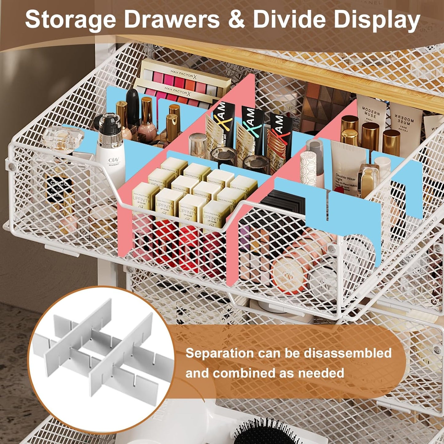 5-Tier Craft Organizer Cart with Wheels,Craft Organizers and Storage with Drawers,Lockable Wheels Rolling Utility Cart with DIY Divider,Office Supply Organizer,Ideal for Studio,Office,Bedroom,White