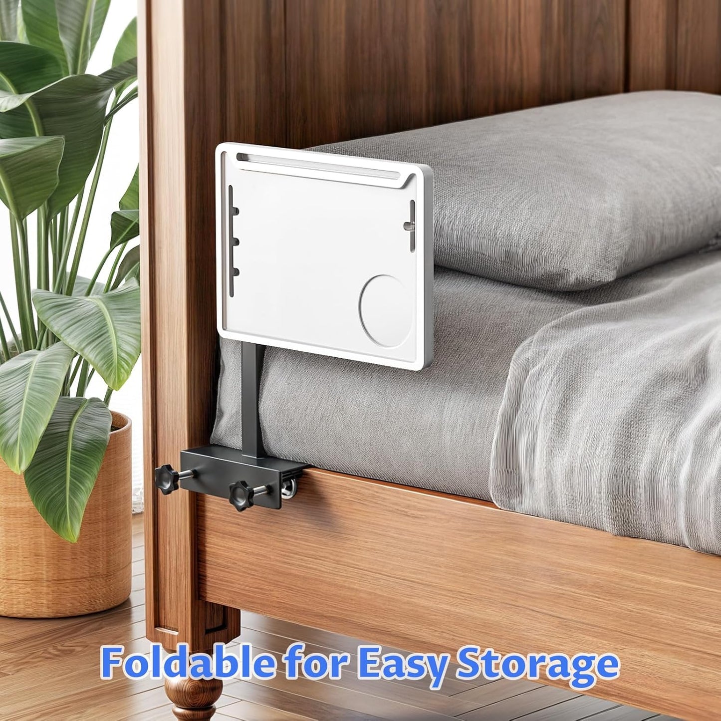 NiHome Height-Adjustable Bedside Shelf with Rotating Foldable Tray, Clip On Bed Side Tray Table, Overbed Table Fits Bed Frames 0.7"-2.7" Wide for Dorms, Apartments, Bedrooms, Dorm Essentials, White