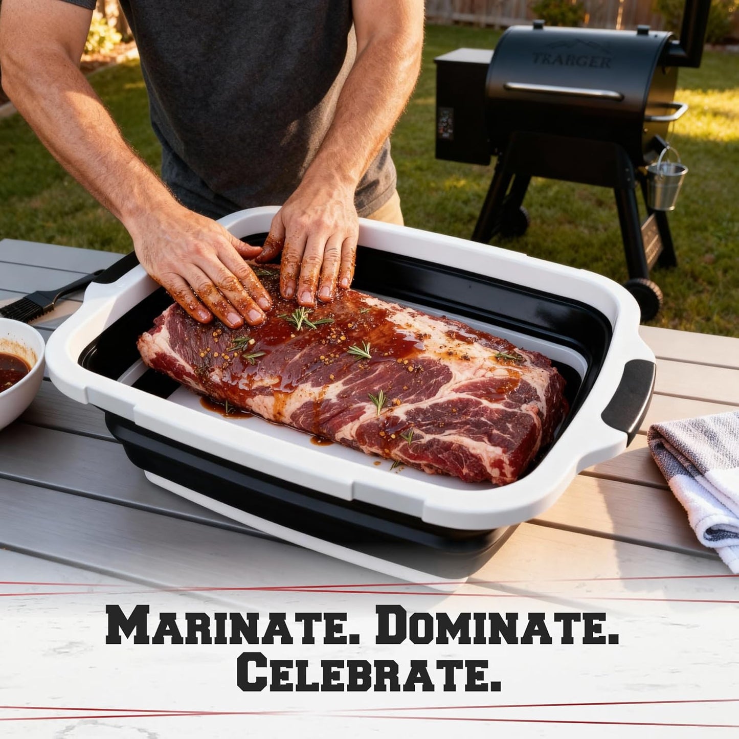 KITCHEN PERFECTION Collapsible XL Smoker & BBQ Prep Tub with Locking Lid & Cutting Board - Grill Caddy Container for Meat Marinating & Brine Perfect For Brisket, Turkey & Ribs - Best Gift For Men