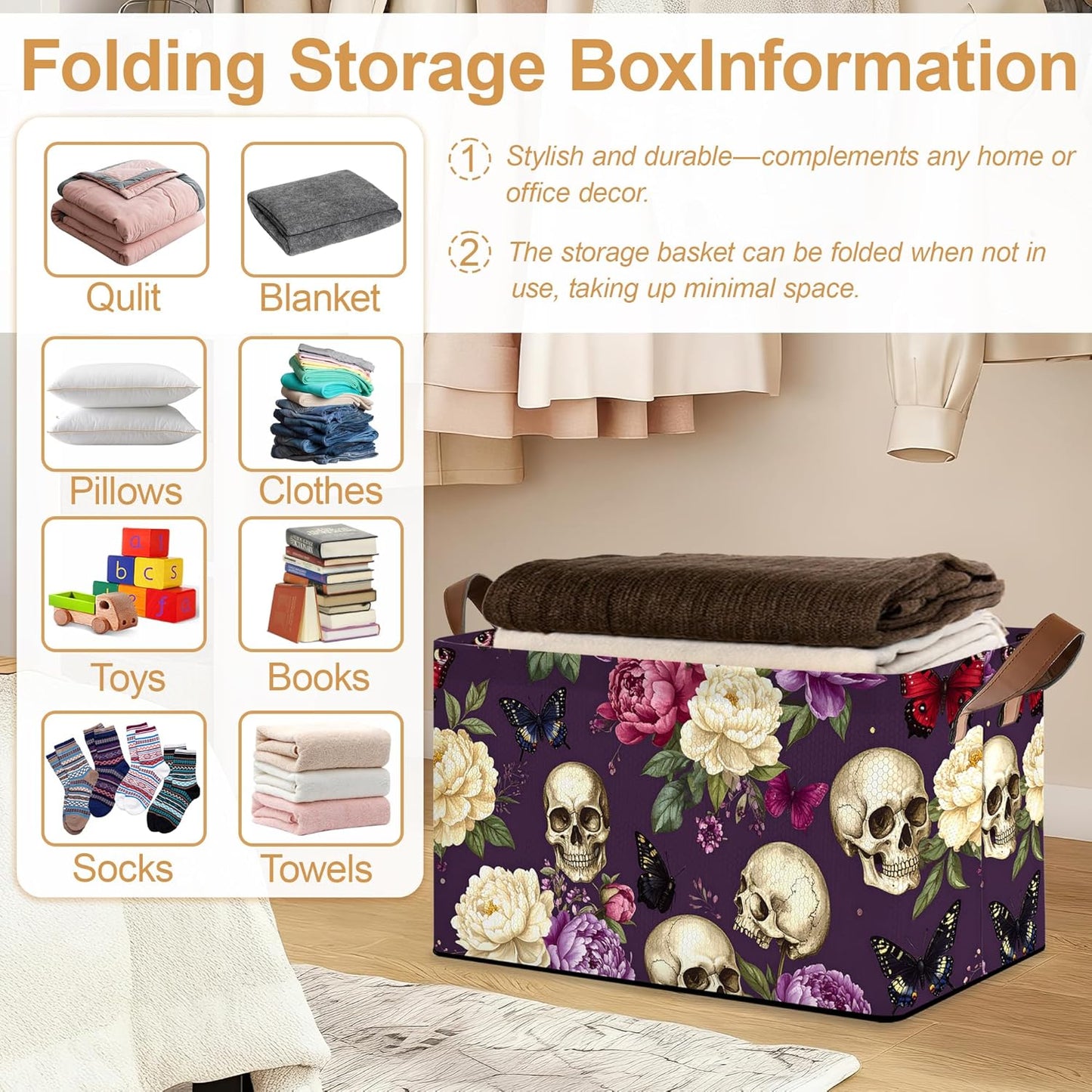 Purple Flower Skeleton Storage Bins with Handles, Collapsible Storage for Clothes, Gift Basket, Blankets & Closet Organization