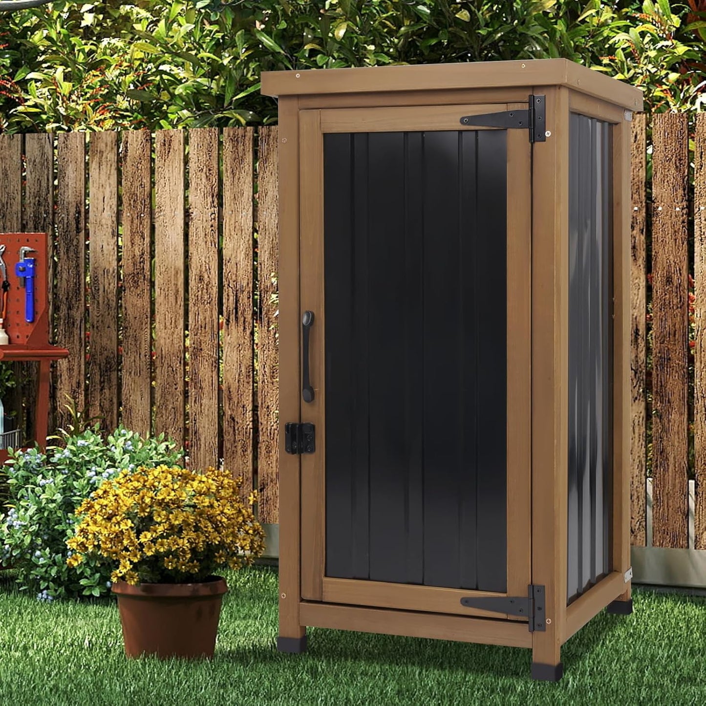 Small Outdoor Storage Cabinet Waterproof with Metal Top, Wood & Metal Outside Potting Bench Table Tool Organizer with Adjustable Shelf for Patio Backyard Garden