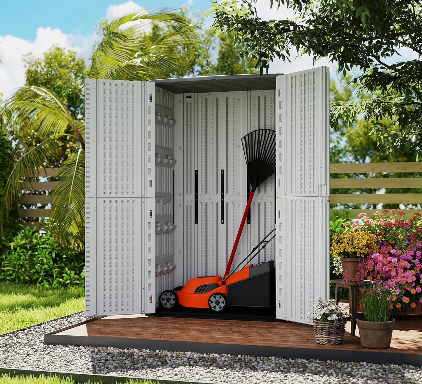 HOMSPARK Storage Shed Weather Resistance, Multi-Purpose Outdoor Storage Cabinet for Backyards and Patios, Horizontal Storage Shed for Lawnmower, Patio Accessories (White, Tall - 53 cu.ft)