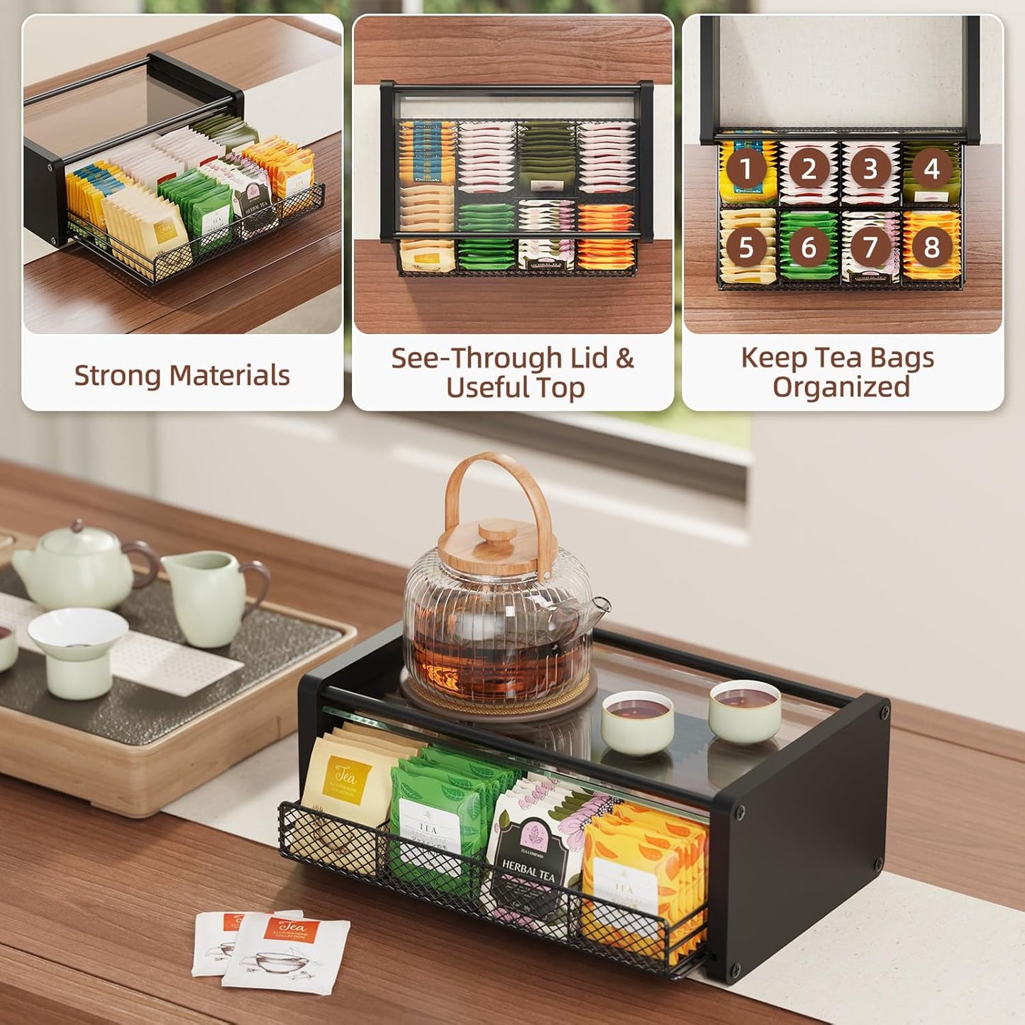 Tea Bag Organizer, Tea Organizer and Storage with Drawers, Divided Compartments Storage, Wooden Kitchen Organizers and Storage for Kitchen, Countertop, Office, Tea Station