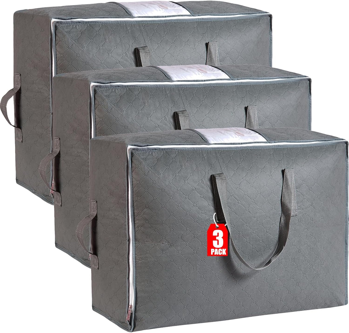 105L Extra Large Storage Bags for Blankets, King Comforters, Bedding, Clothes, Pillows, Sheets - Closet Organizers and Storage with 4 Handles & Clear Window, Foldable & Breathable (Grey, 3pack)