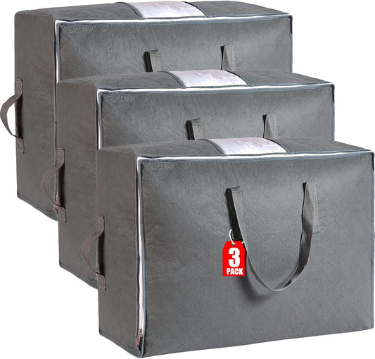 105L Extra Large Storage Bags for Blankets, King Comforters, Bedding, Clothes, Pillows, Sheets - Closet Organizers and Storage with 4 Handles & Clear Window, Foldable & Breathable (Grey, 3pack)