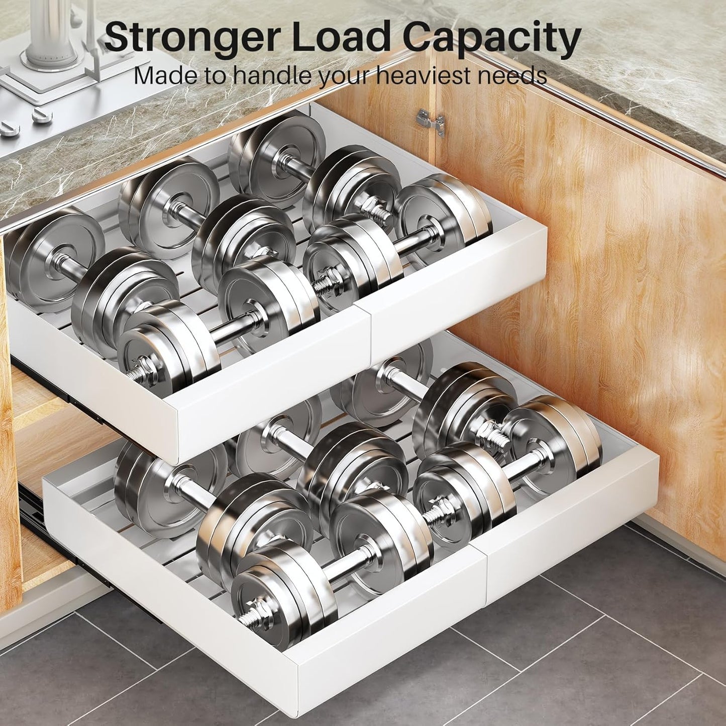 Pull out Cabinet Organizer, Wider Expandable(14"-24") Heavy Duty Slide out Drawers Fixed with Adhesive Nano Film for Pots, Roll out Shelf Storage for Kitchen Cabinet Organization(White-1pc)(3 Rails)