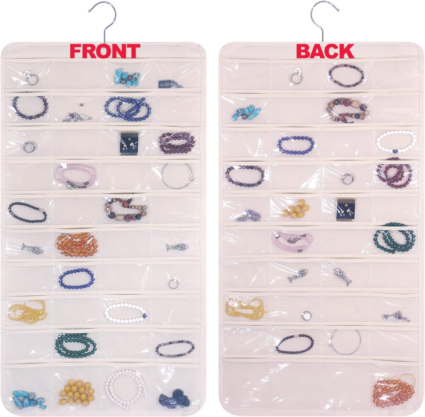 DIOMMELL 80 Pockets Hanging Jewelry Organizer for women, Storage Bag for Earrings Necklace Bracelet Ring accessory display holder, Beige