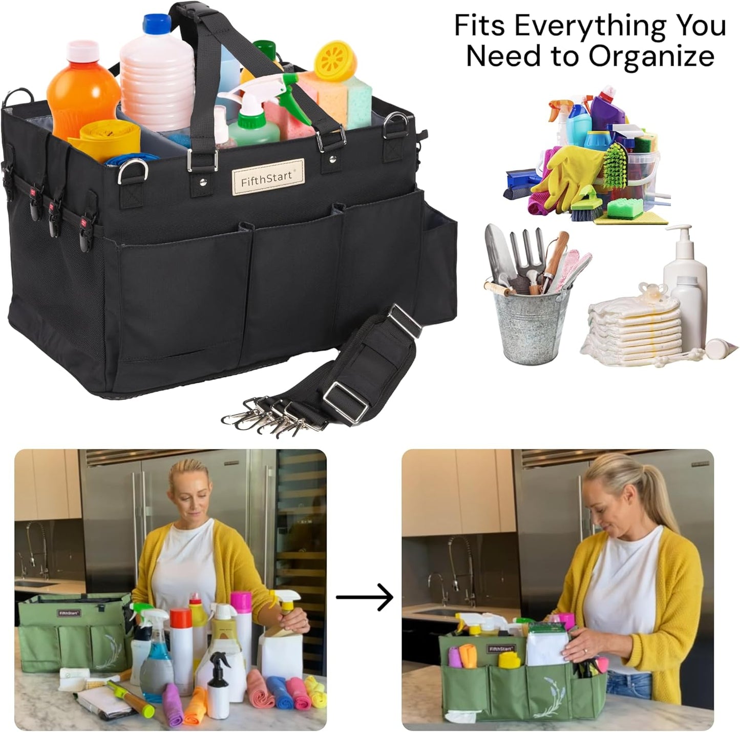 FifthStart Multiuse Cleaning Caddy with Waist & Shoulder Strap - Diaper Caddy & Beach Bag - 9 Pockets & Mesh Base - Adjustable Compartments (Black, Small) - Cleaning Supplies Organizer Bag
