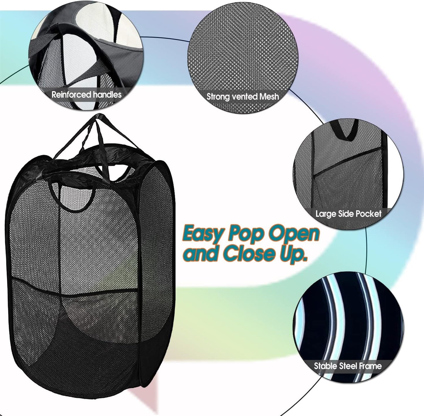BATTOO Deluxe Collapsible Laundry Baskets Mesh Pop Up Hampers for Laundry with Side Pocket Reinforced Handles for Laundry Room, Bathroom, Kids Room, College Dorm or Travel Black