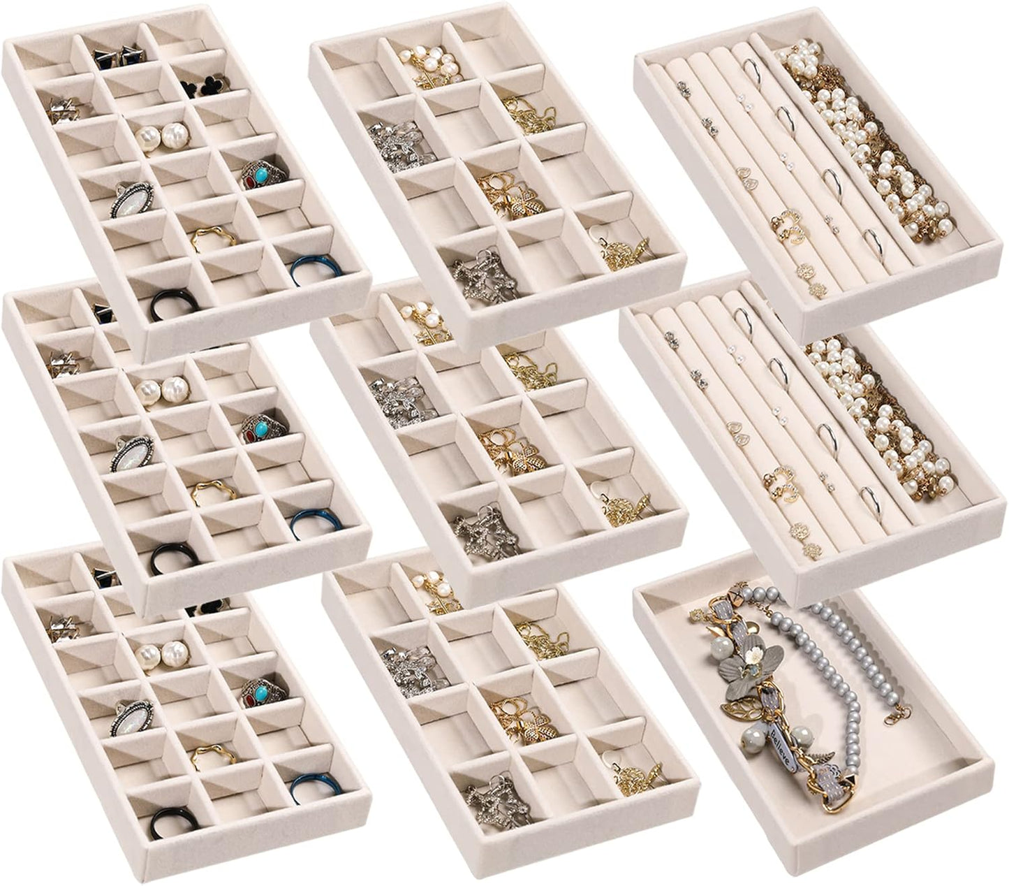 Frebeauty Jewelry Organizer Tray,Stackable Velvet Jewelry Trays,Drawer Inserts Earring Organizer For Women Jewelry Storage Display Case for Rings Stud Necklaces,Set of 9(Beige)