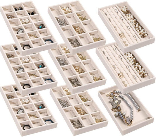Frebeauty Jewelry Organizer Tray,Stackable Velvet Jewelry Trays,Drawer Inserts Earring Organizer For Women Jewelry Storage Display Case for Rings Stud Necklaces,Set of 9(Beige)