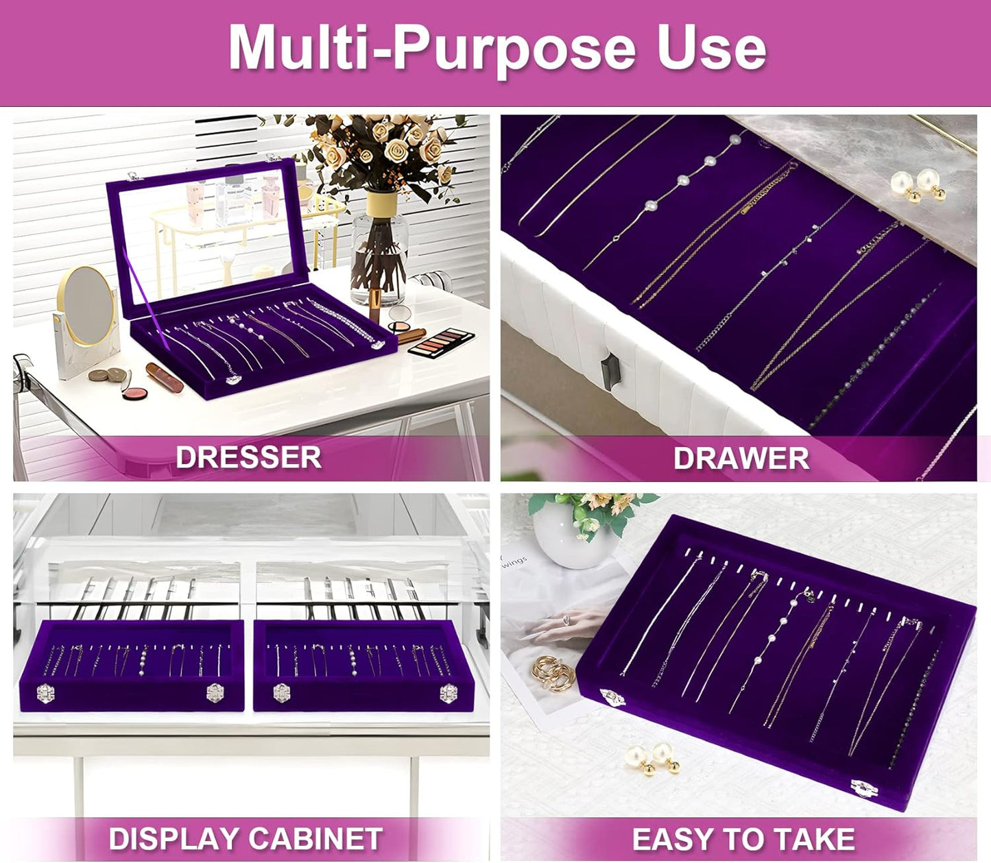 Jenseits Necklace Holder Jewelry Organizer Box, Dustproof Velvet Necklace Tray Jewelry Display With Clear Lid, Preppy Jewelry Holder, Long Necklaces Pendants Organizer, Gifts For Women Girls - Purple