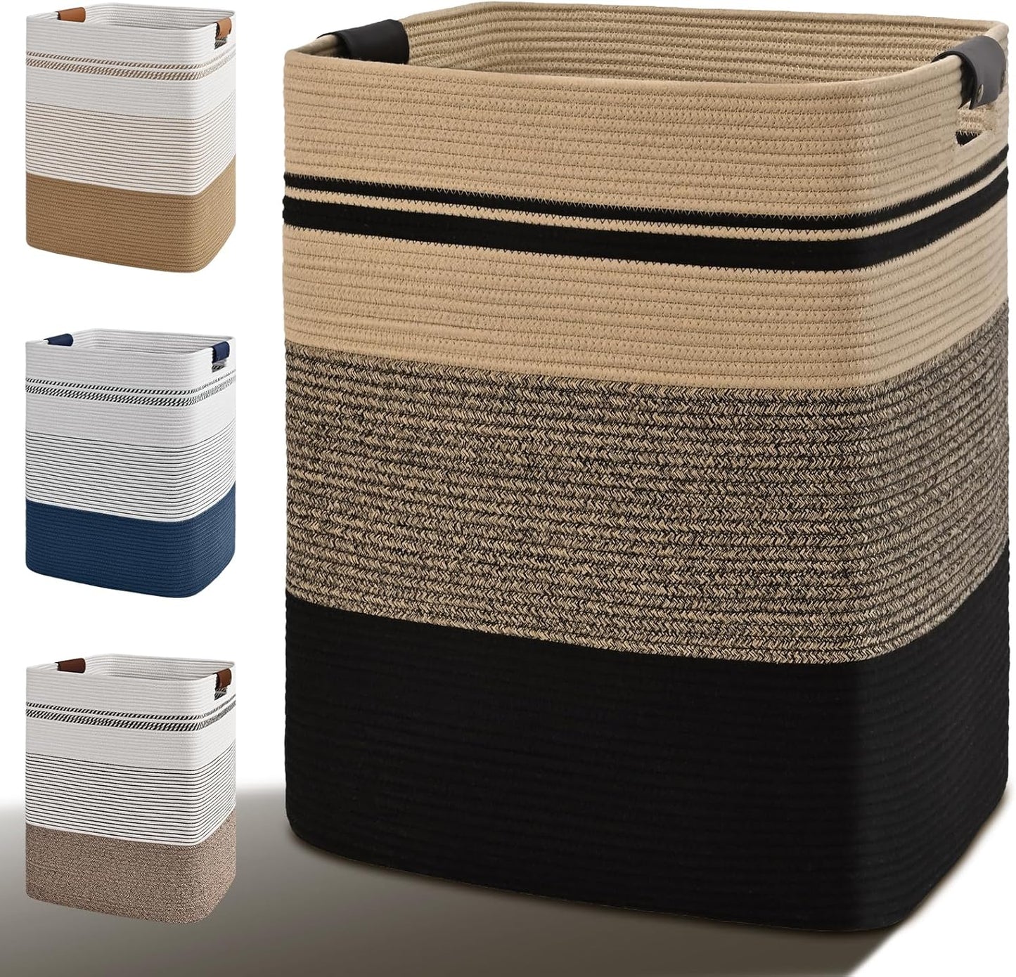 Laundry Hamper, 85L Tall Laundry Basket with Leather Handles, Rectangle Large Clothes Hamper for Organizing, Cotton Woven Laundry Baskets Storage Hampers for Bedroom, Nursery, Living Room
