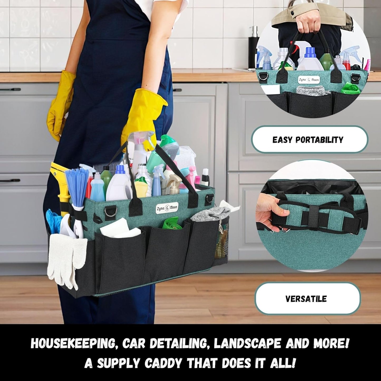 Wearable Cleaning Caddy – Portable Detailing Organizer with Spill-Proof Liner, Straps & Handles – Large Tote for Cleaning Pros, Auto Detailers, and Housekeepers – Green/Gray