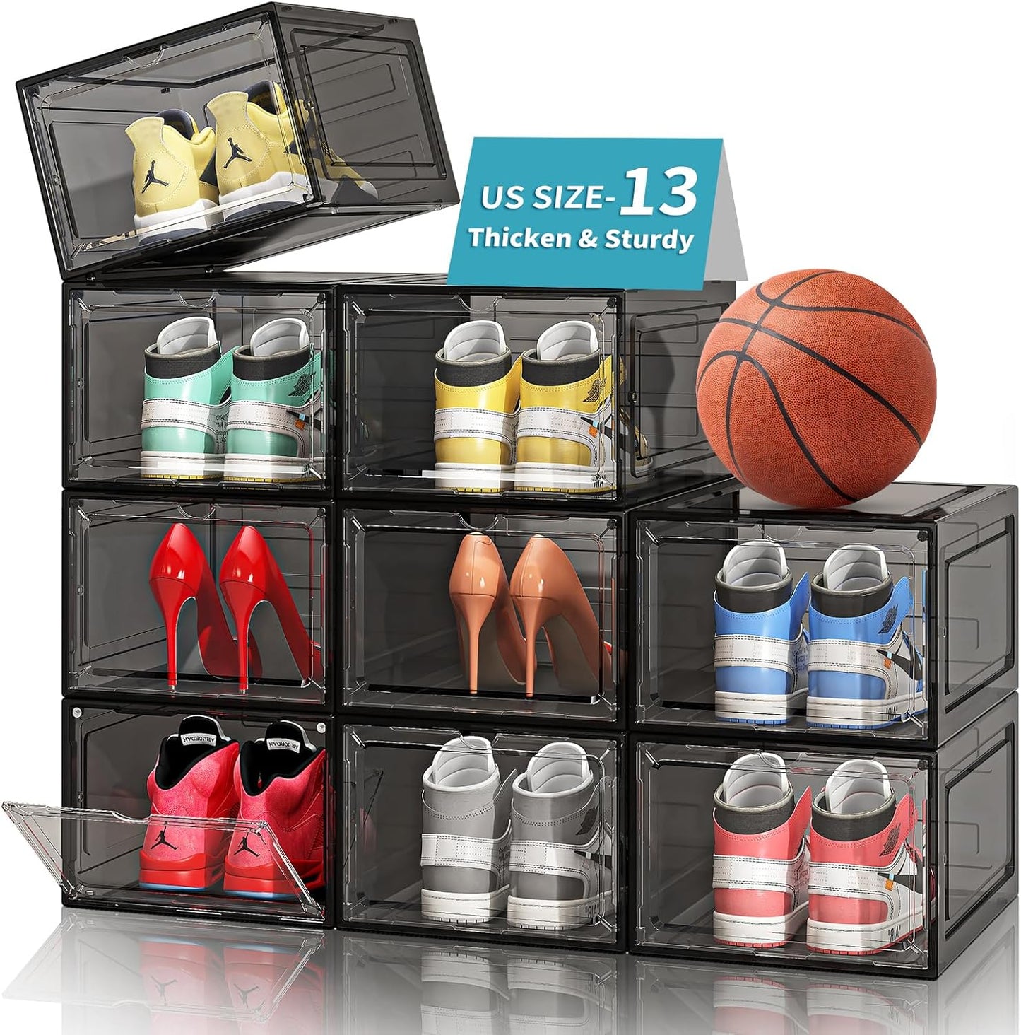 Thicken Sturdy Shoe Storage Boxes Stackable Shoe Organizer for Closet, 9Pack Drop Front Shoe Box with Magnetic Door, Shoe Container for Sneaker Storage, Clear Shoe Rack, Fit US Size up to 13, Black