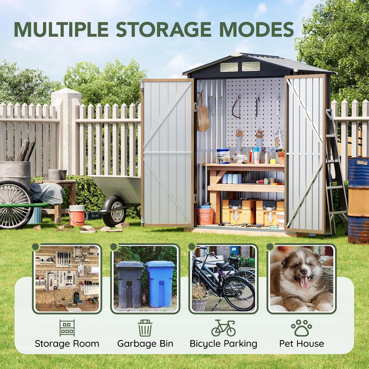 5x3 FT Outdoor Metal Storage Shed with Floor Frame, Double Door, 1 Clear Window, Tool Shed for Garden, Patio, Backyard Brown
