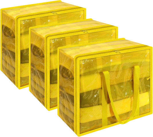 Vieshful 40L Yellow Clear Clothes Storage Bag Colorful Clothes Organizer with Zipper Vinyl Storage Bag for Comforter, Blanket, Bedding, Duvet, Transparent Moving Totes 3 Pack