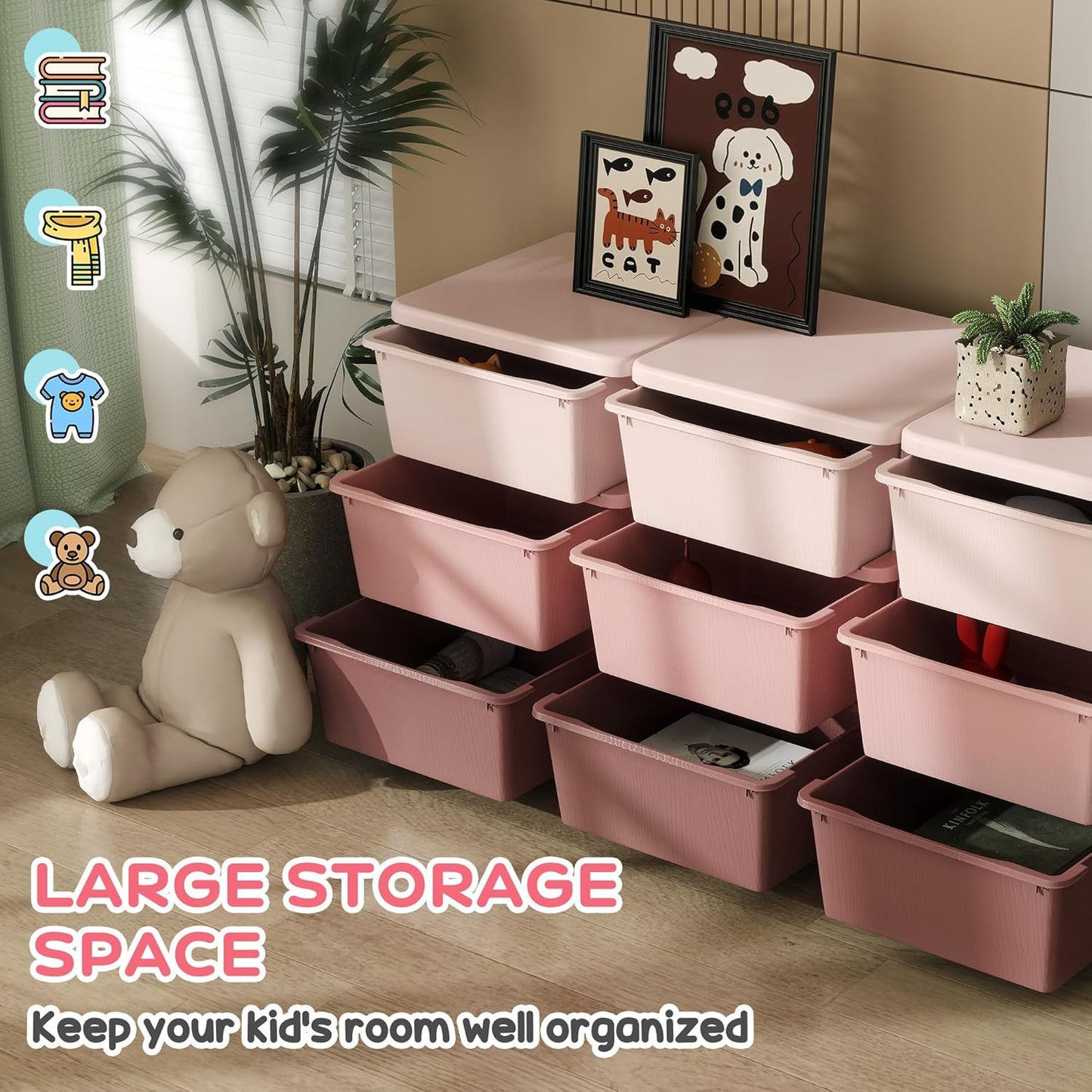 Qaba 3 Tier Kids Storage Unit, 9 Drawer Chest Toy Organizer Plastic Bins for Kids Bedroom Nursery Kindergarten Living Room for Boys Girls Toddlers, Pink