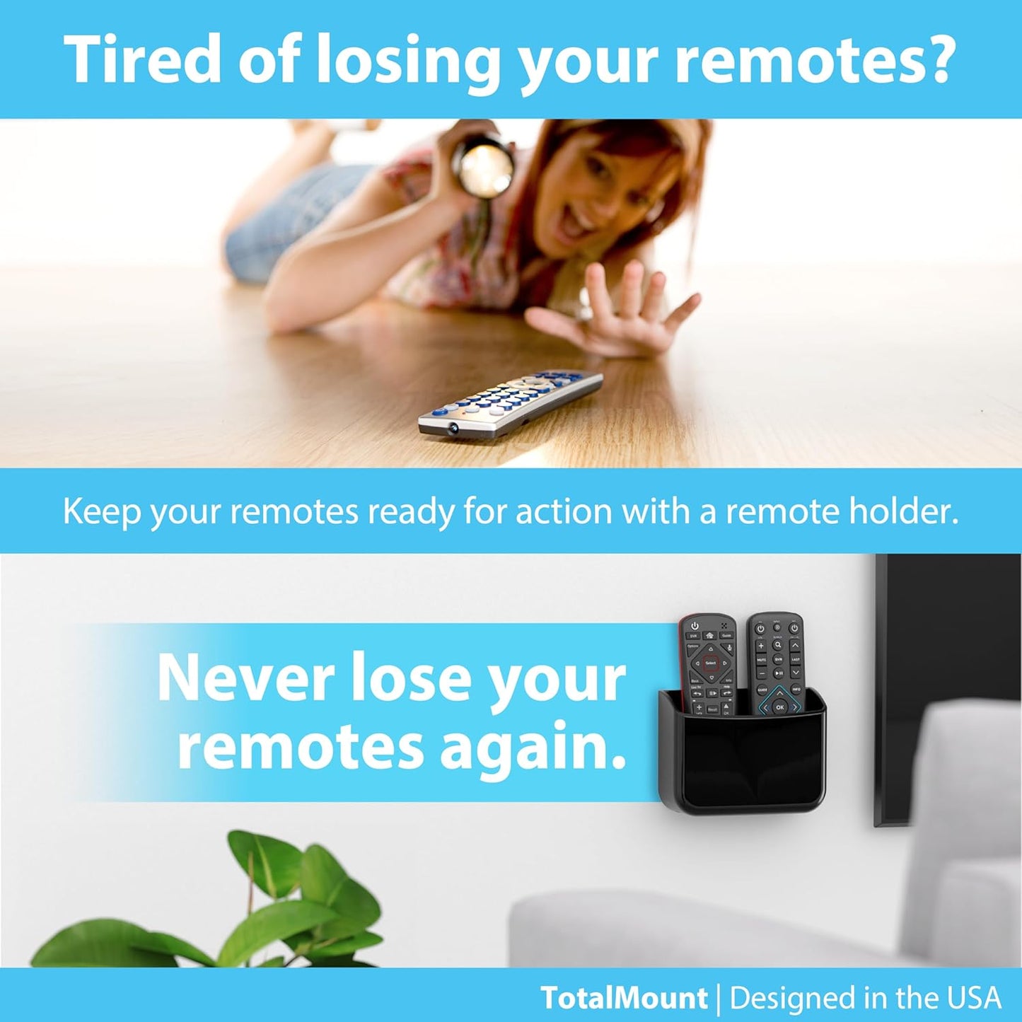 TotalMount Universal Remote Control Holder – Attaches to Wall or Back of TV – Compatible with All TV Remotes (Premium Black, Large Two Pack)
