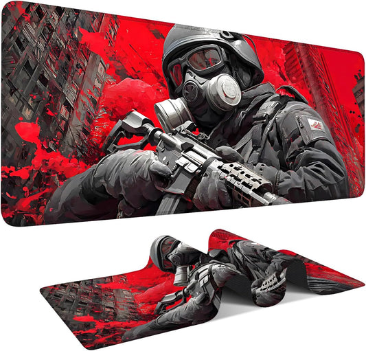 Large Extended Gaming Mouse Pad - Military Soldier Design, Soft Fabric Desk Mat with Non-Slip Rubber Base, Extra Long Mousepad for Gaming, Office, Keyboard & Mouse, 35.43 x 15.75 in