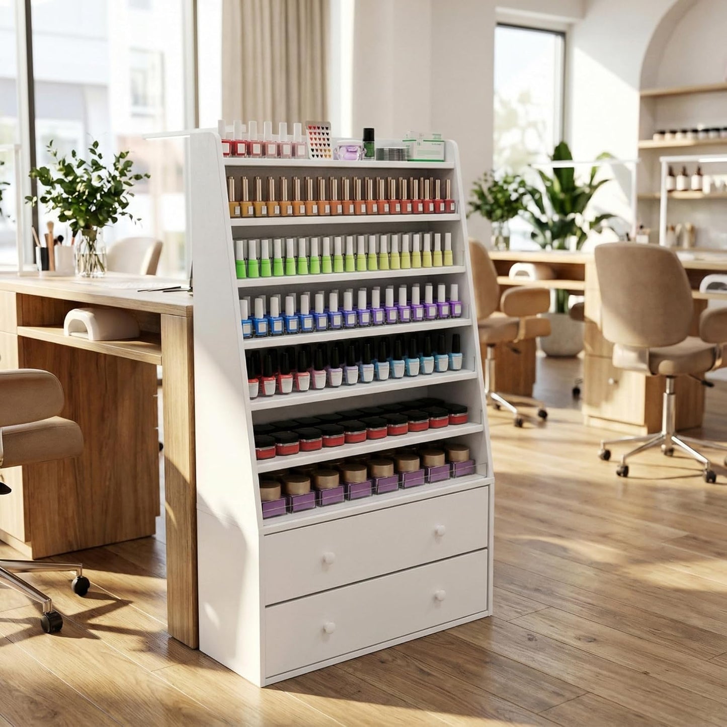 Nail Polish Rack with 2 Drawers, Salon Display & Storage Cabinet with Acrylic Baffle, Holds 700+ Bottles of Polishes, Essential Oils & Perfumes, Suitable for Nail Salon & Beauty Store, White