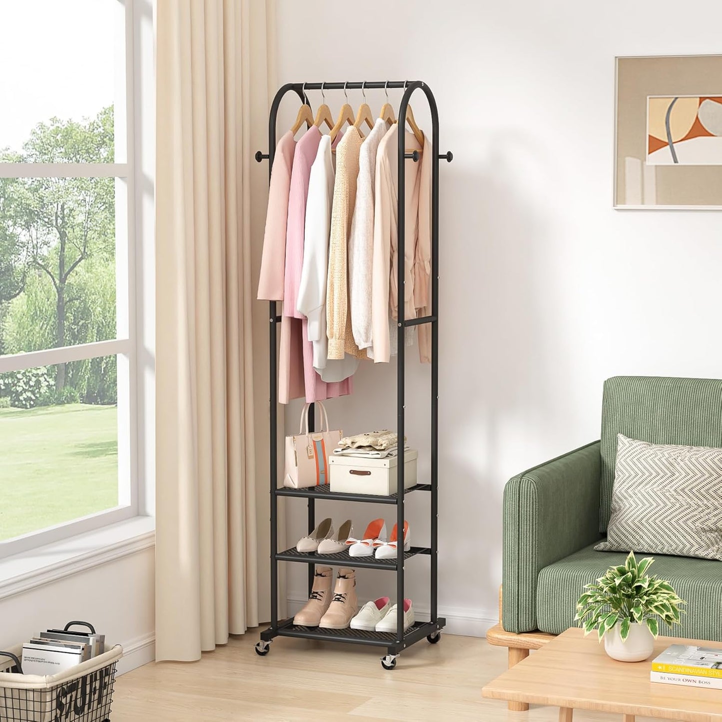 Heavy Duty Clothing Rack with Wheels,Modern Garment Rack with 3 Metal Shelves, 71.8Inches Display Rack for Hanging Clothes, Hanging Rod for Small Space,Black
