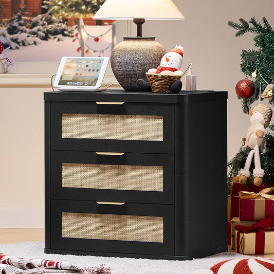 LEYAOYAO Rattan Night Stand with Charger Station, 23" Large 3 Drawer Boho Nightstand, Black Bedside Table Storage Cabinet, Bed Side End Tables for Bedroom, Living Room, Hallway