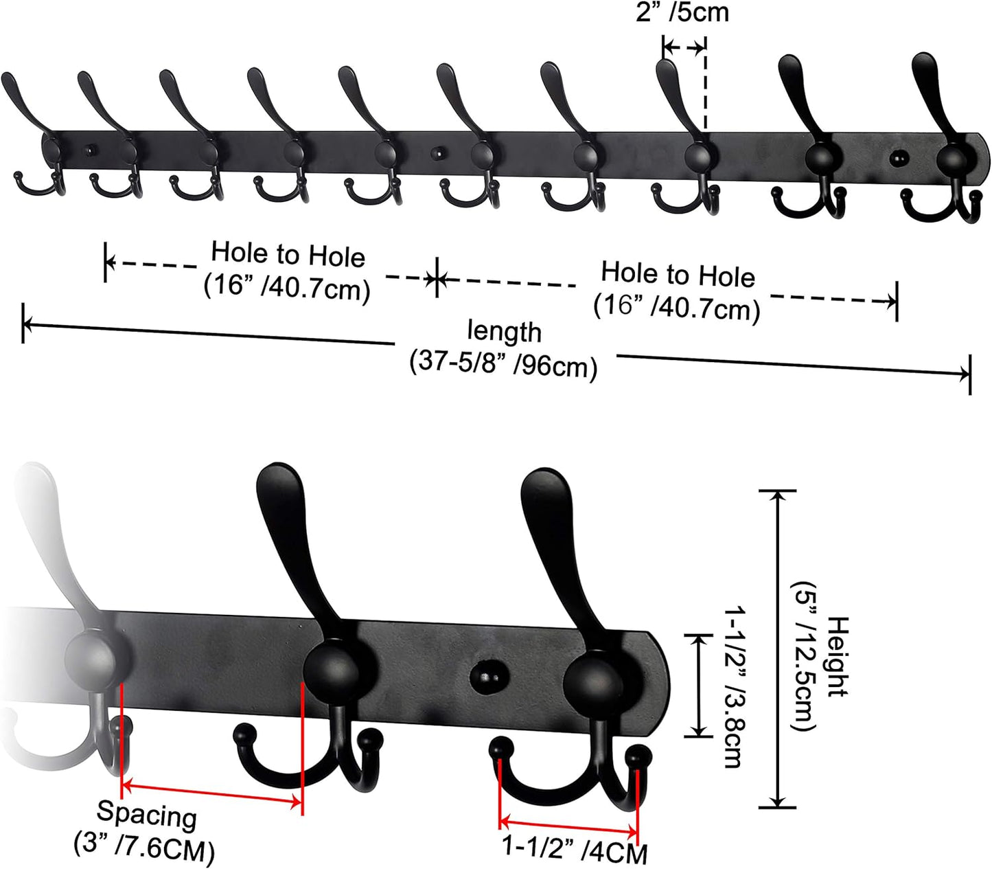 Dseap Coat Rack Wall Mount - 38” Long 10-Tri-Hooks Heavy Duty Coat Hanger Rail Wall Hooks for Hanging Coats Hats Clothing Clothes Purse Mudroom Entryway, Black, Pack of 2