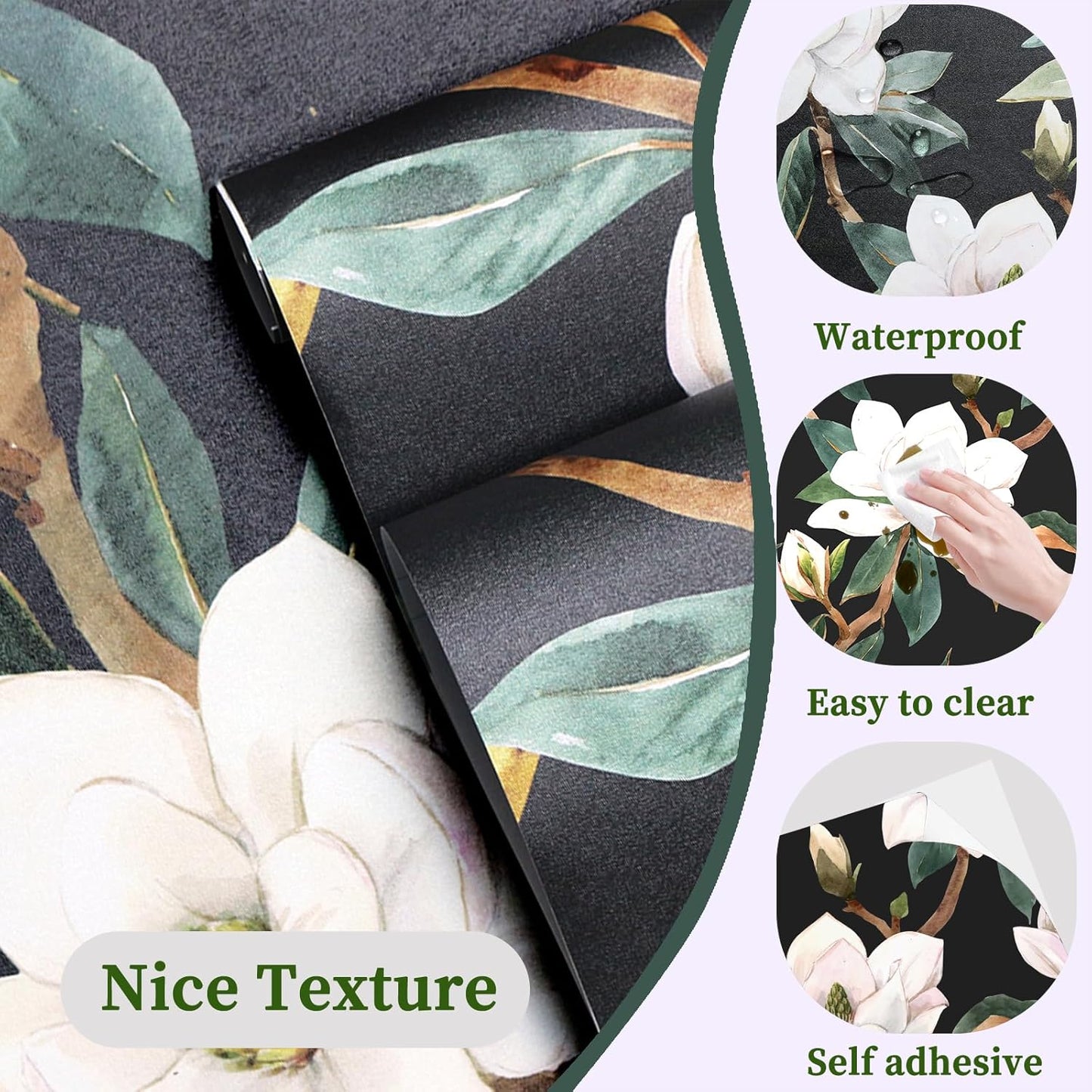 HAOKHOME Floral Shelf Liner and Cabinet Liner, Self-Adhesive Drawer Liners, Peel and Stick Contact Paper for Kitchen Cabinets and Cupboard, Bathroom Drawers, Black/White/Green 17.3in x 6.5ft