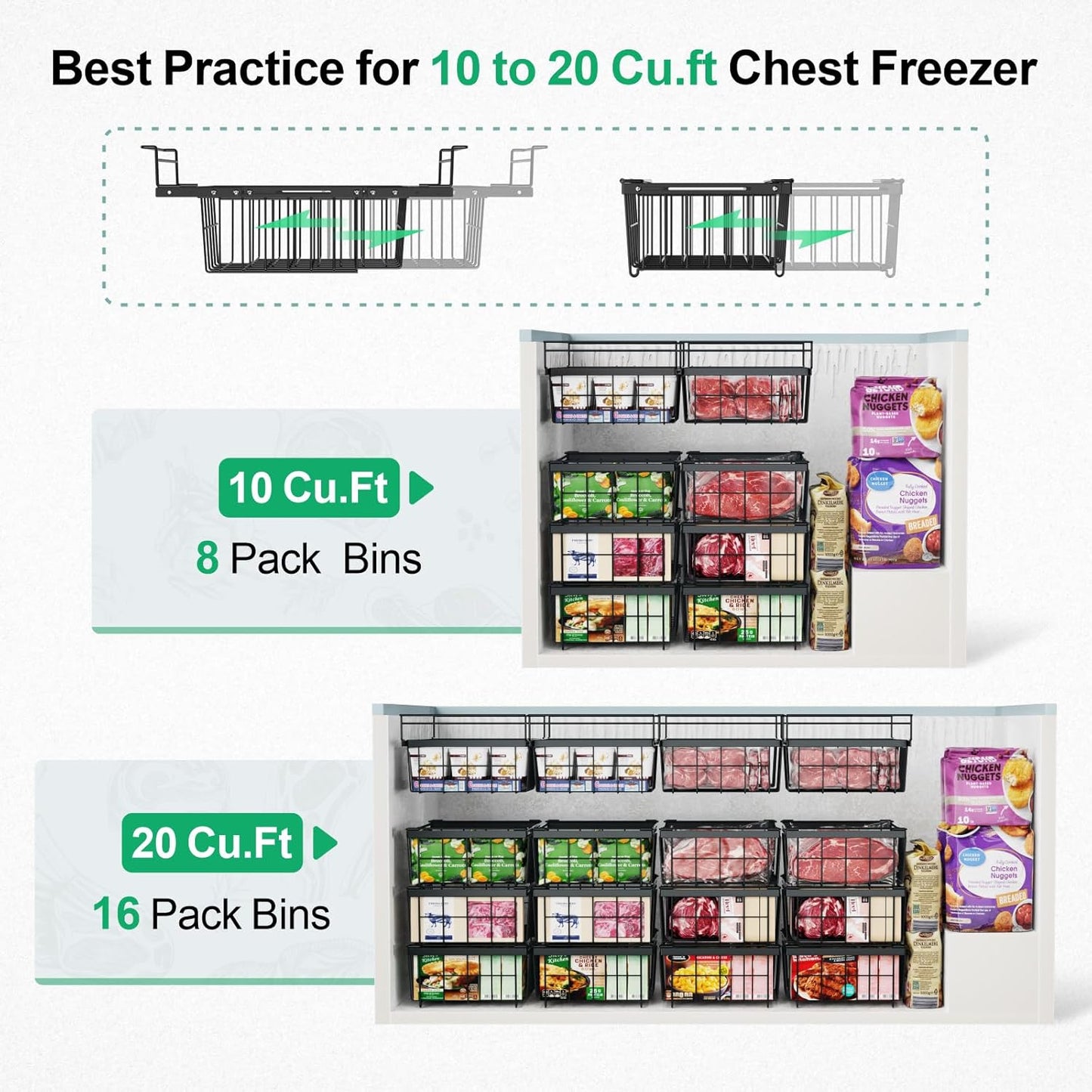 iSPECLE Large Expandable Freezer Organizer Bins - 4 Pack Chest Freezer Organizer Bins, for 10 to 20 Cu.FT Deep Freezer, 1 Hanging Basket and 3 Stackable Freezer Bins, Black