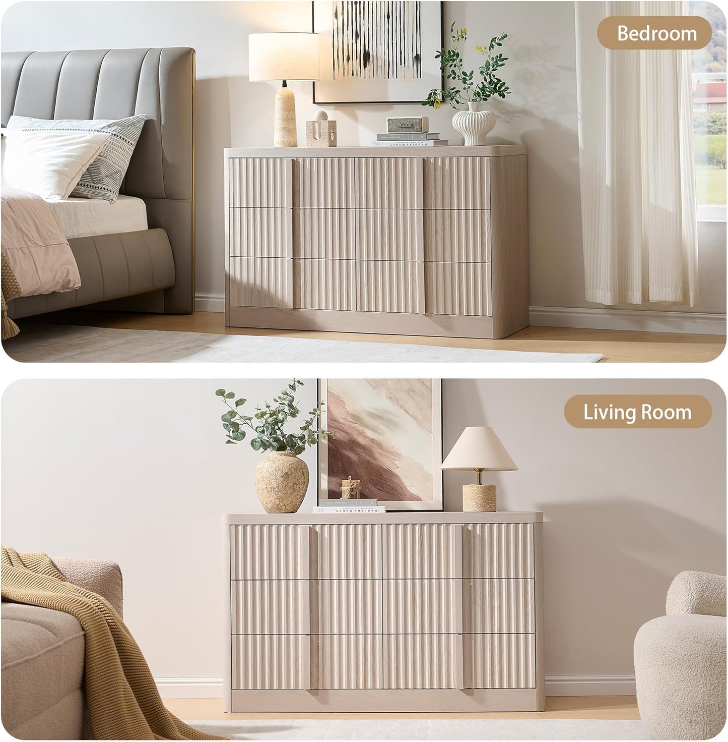 Fluted Dresser for Bedroom, 47" Wide 6 Drawer Dresser, Modern TV Stand Set, Curved Profile Design, Chest of Drawers with Solid Wood Handle for Living Room, Bedroom, Hallway