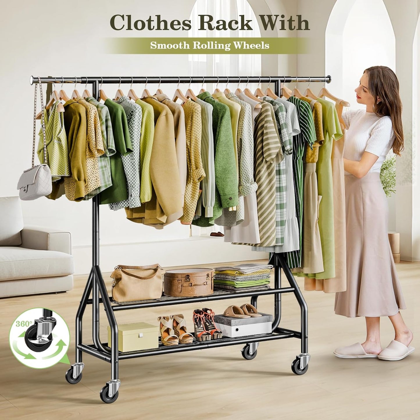 Clothes Rack with 2 Shelves, Heavy Duty Garment Rack Load 450 LBS, Standing Rolling Metal Hanging Clothes with Sturdy Wheels & Shelves