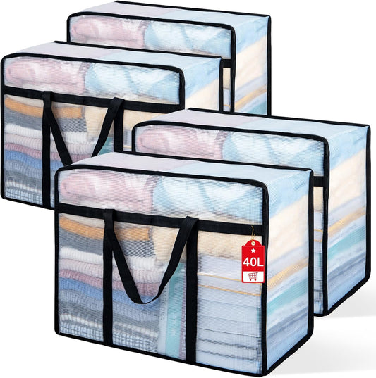 4 Pack Clear Blanket Storage Bags with Zipper, Vinyl Foldable Moving Bags Closet Organizers and Storage Containers for Bedding, Blankets, Comforters, Clothing, Toys, Quilt, Duvet, 40L