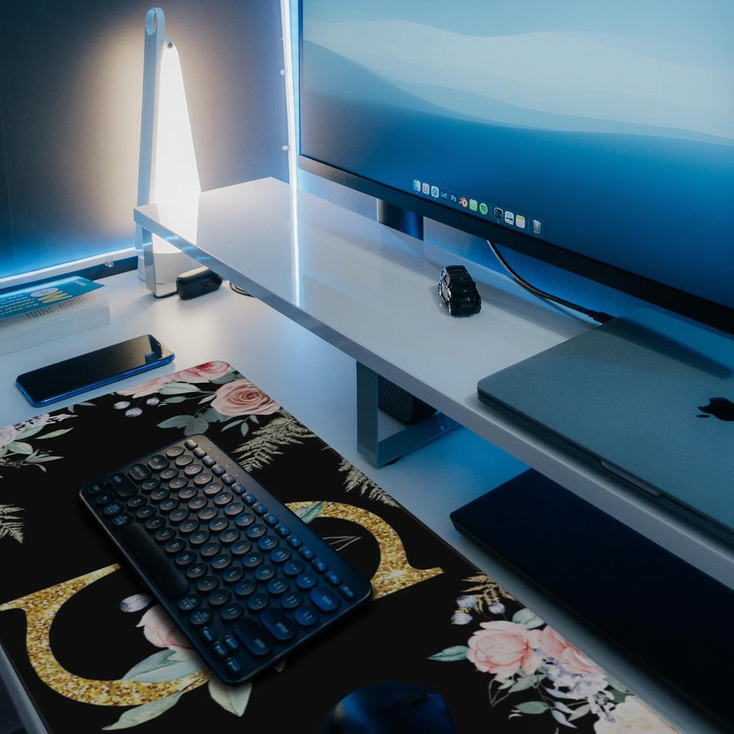 Desk Pad, Flower Golden Letters S Extended Gaming Mouse Pad Large, 35.4"x15.7" Big Mouse Pad with Non-Slip Base and Stitched Edge, Long Computer Keyboard Mouse Mat for Home Office Work