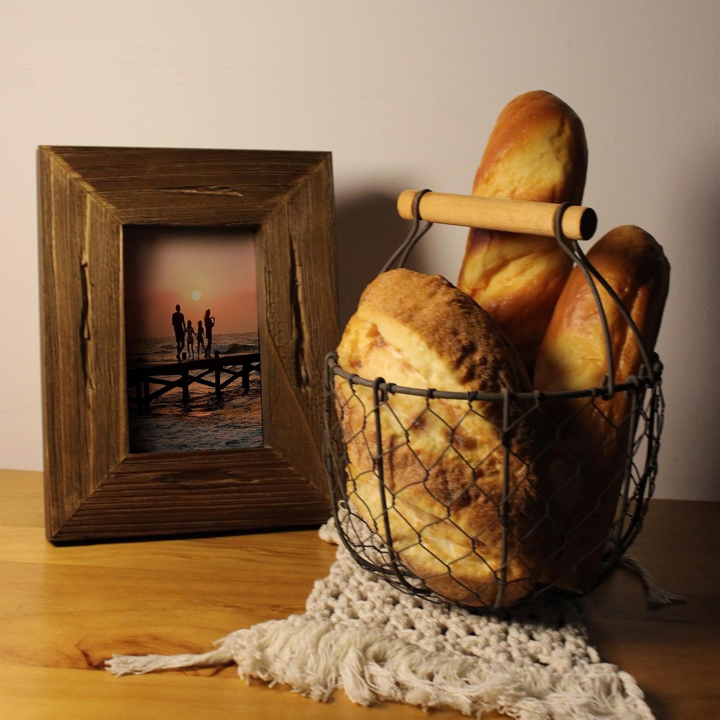 CVHOMEDECO. Round Chicken Wire Egg Basket Fruit Basket with Wooden Handle Primitives Vintage Gathering Basket. Rusty