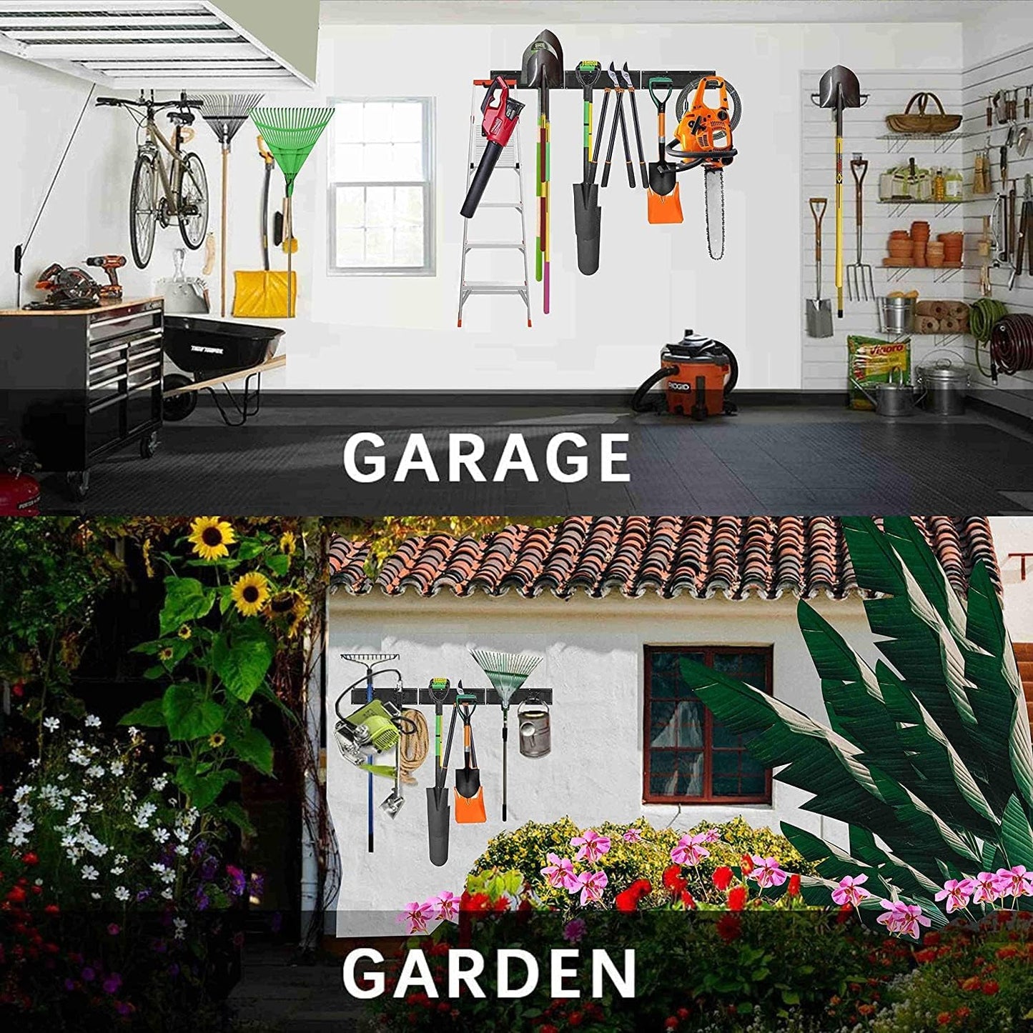 Garage Organizer - 64 Inch Wall Mount Tool Storage, 20PCs Heavy Duty Garden Tool Organizer with Adjustable Hooks, Max 900 lbs