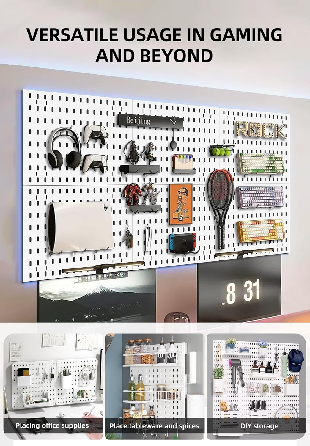Wall Organizer Peg Board - Elevate And Declutter Your Gaming And Office - Create A Perfectly Structured Space(White)