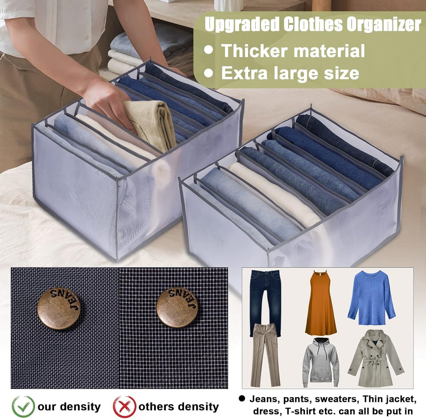 TOOVREN Jeans Organizer Extra Large 9 Grids, Closet Organizer with Foldable Drawer Compartments, Washable Clothing Storage Box 3-Pack