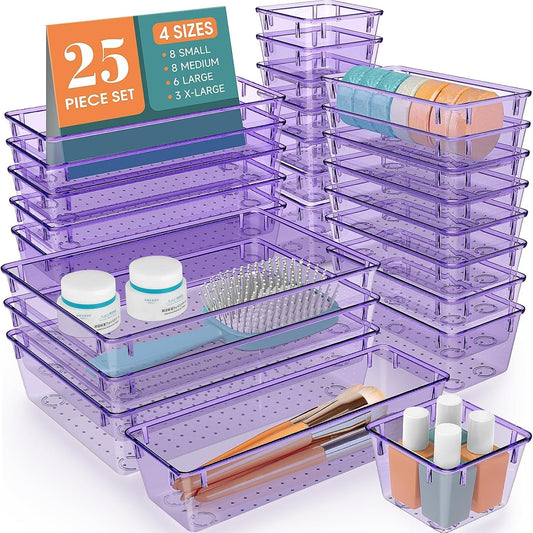 25 PCS Drawer Organizer Set, 4 Varied Size Bathroom and kitchen Drawer cabinet organizer Trays, Clear Storage Bins for Makeup, Jewelry, Utensils and Gadgets， Purple