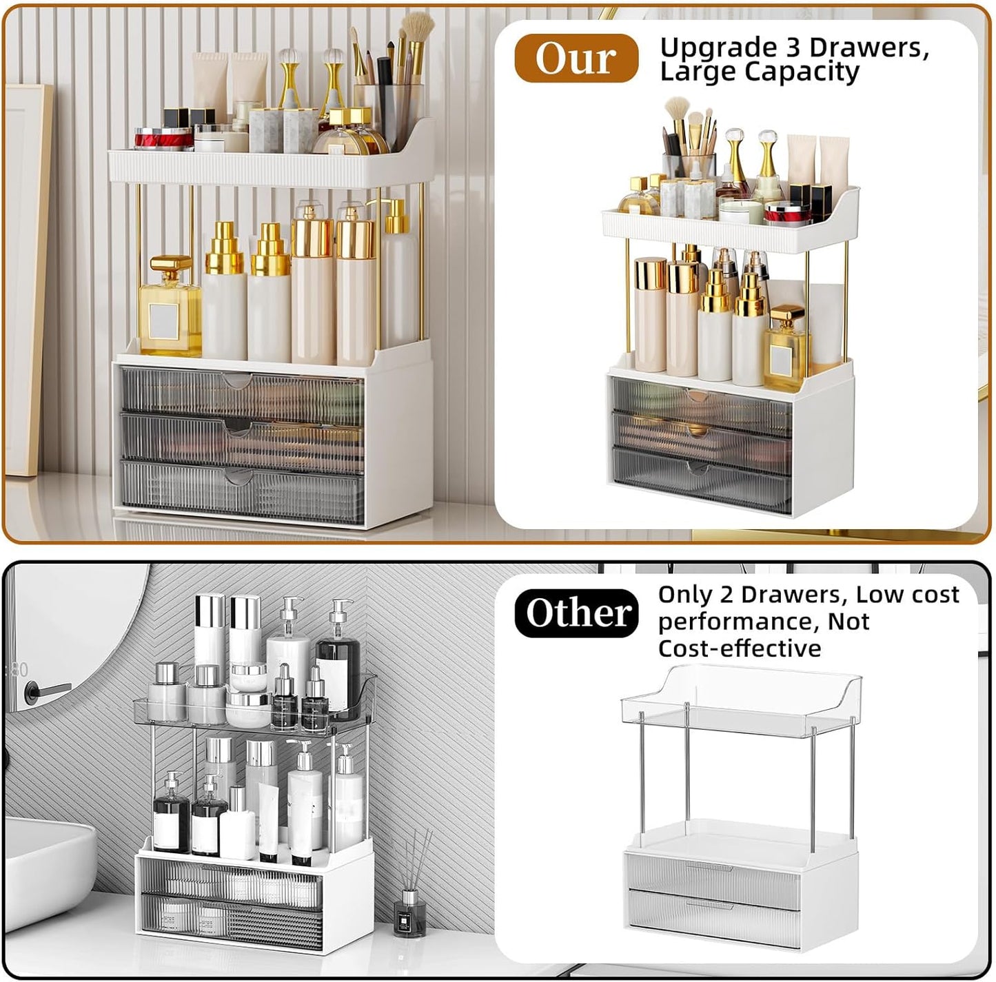 Strong 3 Drawers Bathroom Counter Organizer, 5 Tier Makeup Organizer, Versatile Perfume Organizer, Ideal for Bathroom Storage, Vanity, Large Skincare, Perfume, Present, Grey