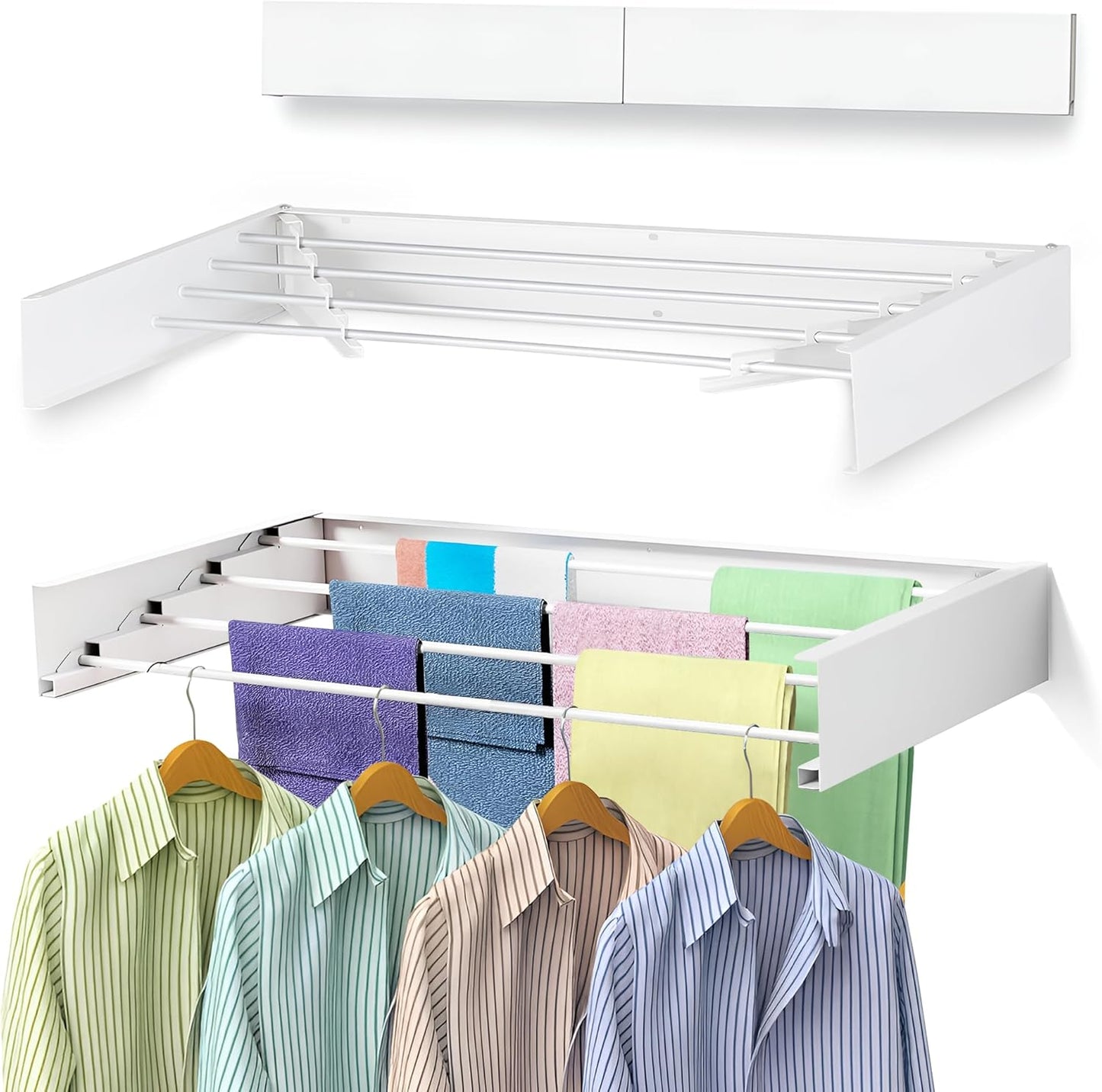 32” Foldable Clothes Drying Rack Wall Mounted - Laundry Drying Rack Collapsible with 4 Steel Poles - Wall Mounted Laundry Room Organization and Storage for Kitchen, Bathroom, Indoor-Outdoor Use