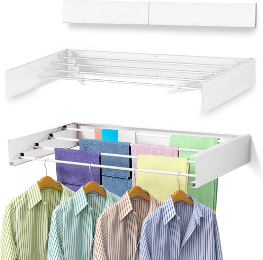 32” Foldable Clothes Drying Rack Wall Mounted - Laundry Drying Rack Collapsible with 4 Steel Poles - Wall Mounted Laundry Room Organization and Storage for Kitchen, Bathroom, Indoor-Outdoor Use
